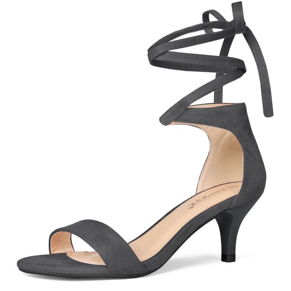 Open Toe Kitten Heel Lace Up Dress Sandals Grey